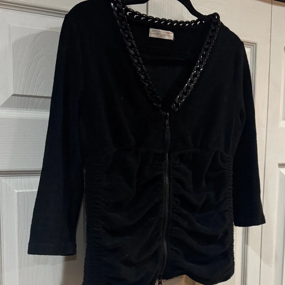 Boston Proper Black zip front French terry jacket with Chain Accent - Picture 3 of 6